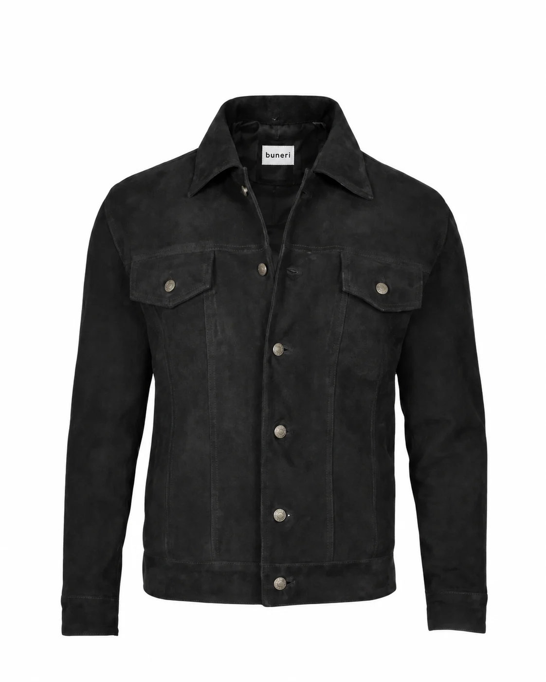 Men’s Black Suede Trucker Jacket — Front view