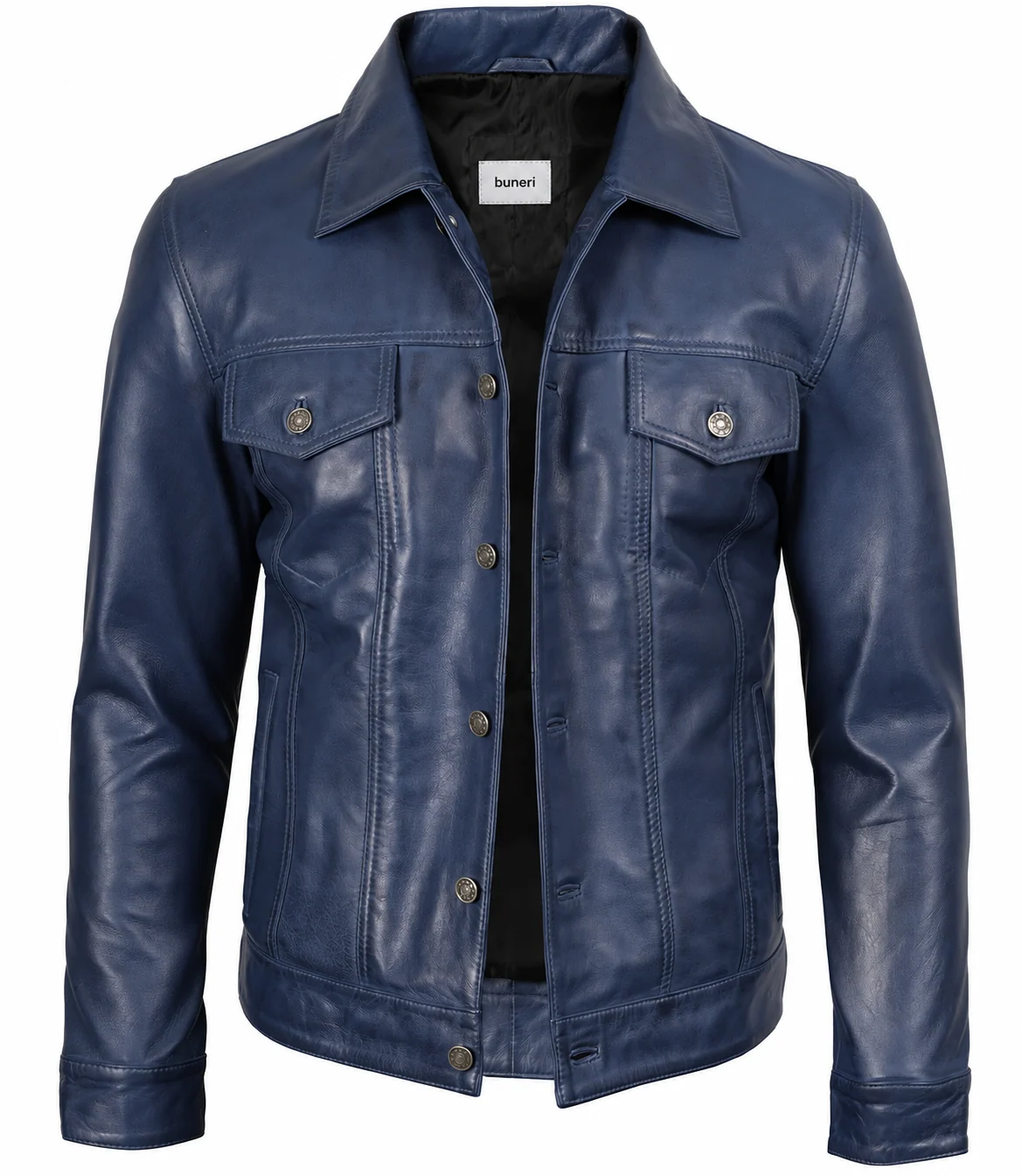 Men’s Navy Leather Trucker Jacket — Front view