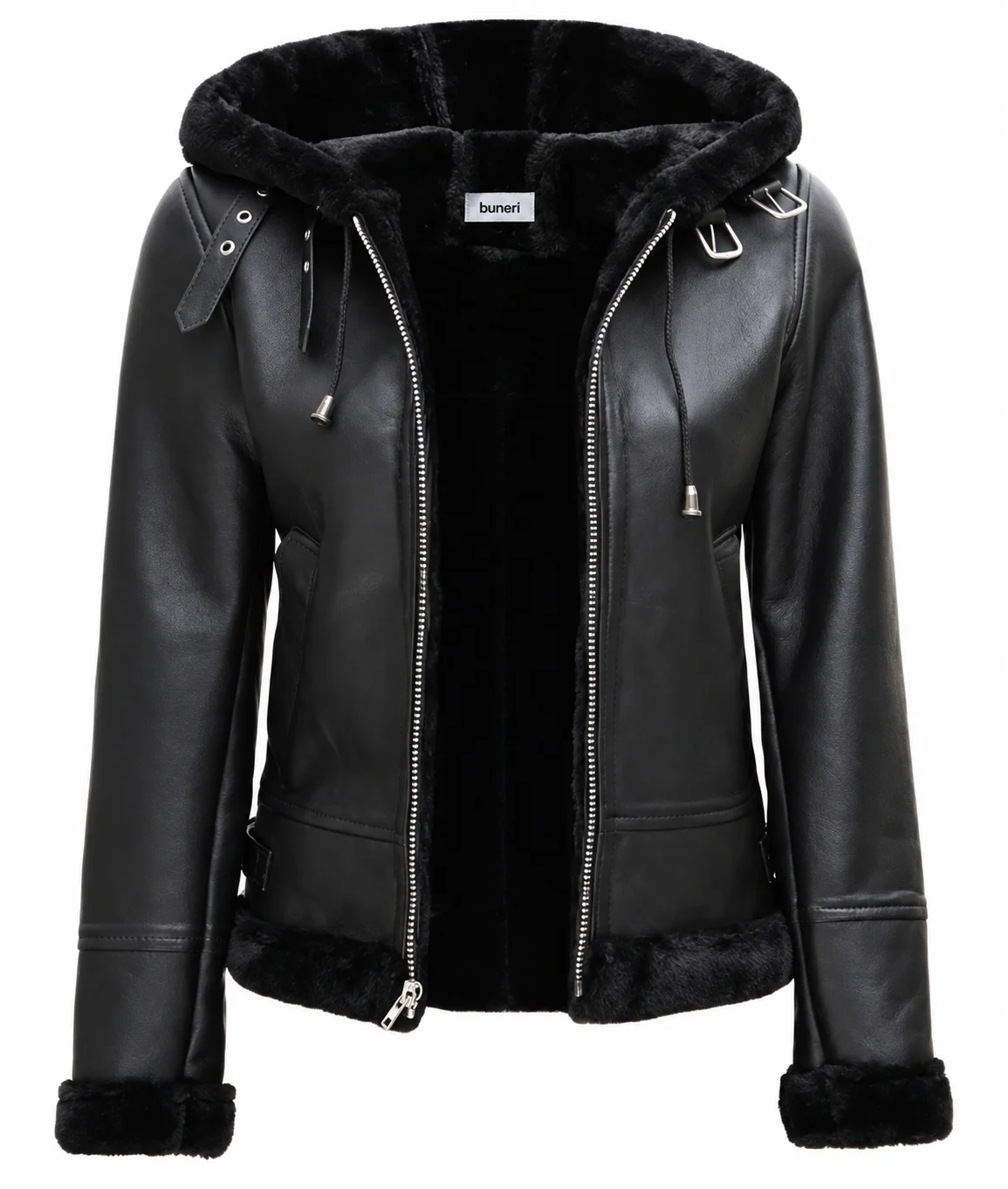 Women’s Black Hooded Leather Jacket with Faux Fur — Front view