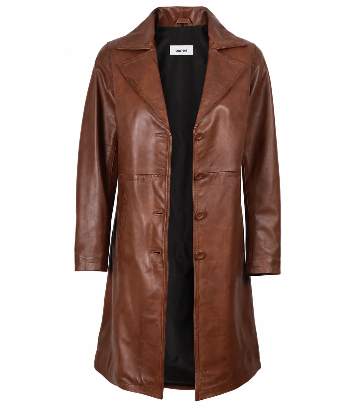 Women’s Cognac Long Leather Coat — Front view