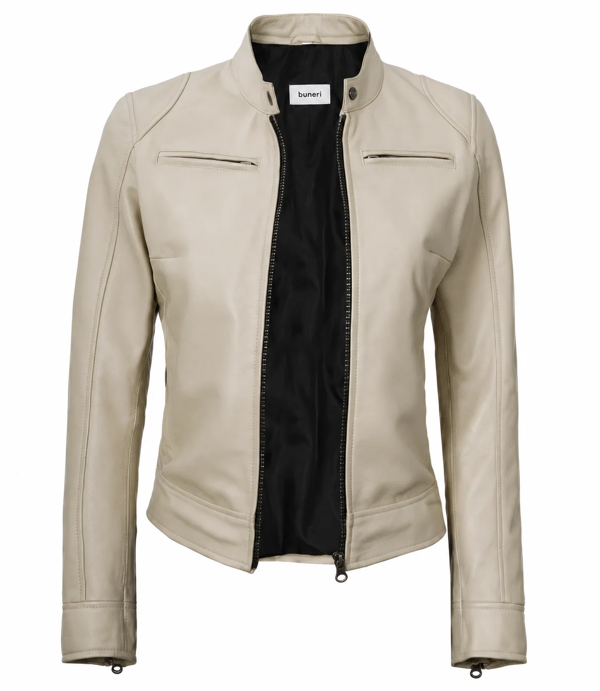 Women’s Ivory Leather Café Racer Jacket — Front view