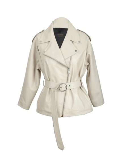 Women Cleo White Biker Sheepskin Leather Jacket