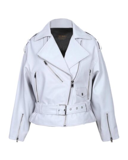 Women Classic Moto Biker Sheepskin Leather Jacket White