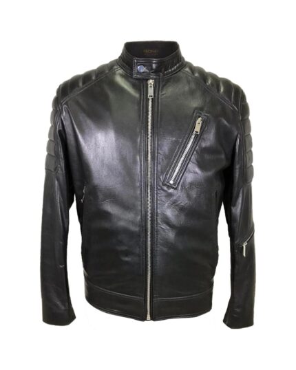 Men Band Collar Biker Sheepskin Leather Jacket Black