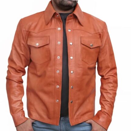 Men Sheepskin Retro Tan Sheepskin Leather Shirt Jacket