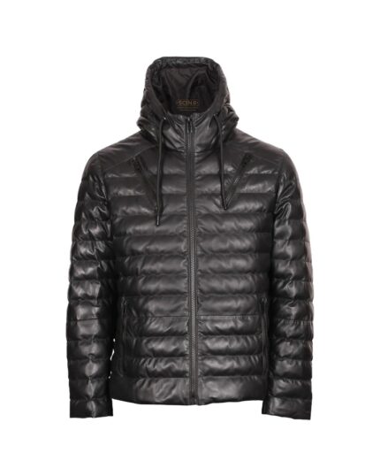 Men Sheepskin Hooded Puffer Leather Jacket Black