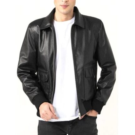 Men Shirt Collar Black Leather Jacket