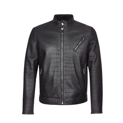 Men’s Black Crocodile Print Biker Motorcycle Faux Leather Jacket