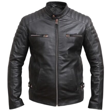 Men Black Distressed Leather Biker Motorcycle Jacket