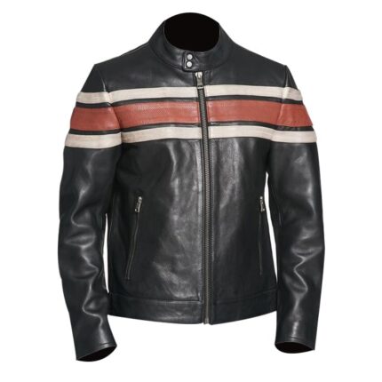 Mens Black Genuine Lambskin Striped Leather Jacket