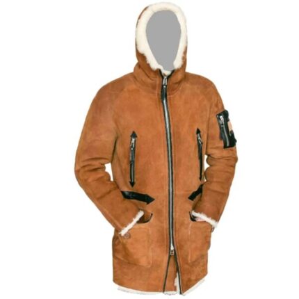 Men Brown Leather Hooded Overcoat