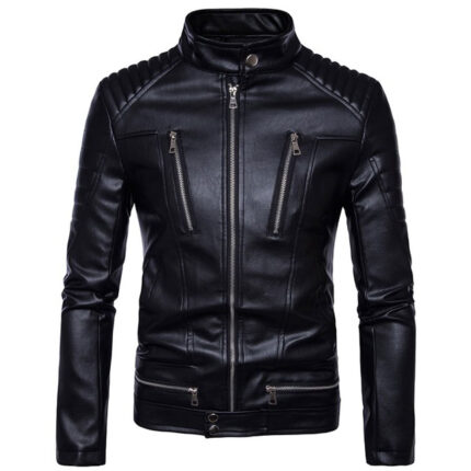 Mens Casual Slim Fit Lambskin Leather Biker Jacket