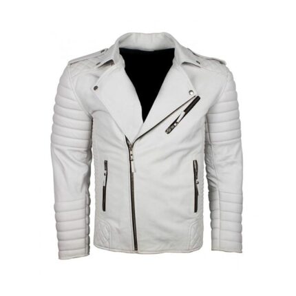 Mens Classic Brando Biker White Motorcycle Leather Jacket