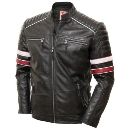 Men Racing Biker Stripes Real Leather Casual Fit Jacket