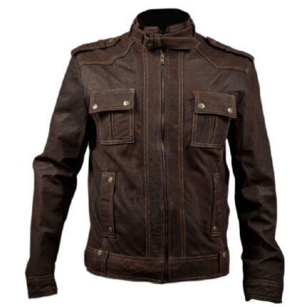 Mens Slim Fit Stone Washed Brown Leather Biker Jacket