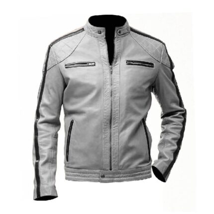 Mens Striped Biker Cafe Racer Leather Jacket