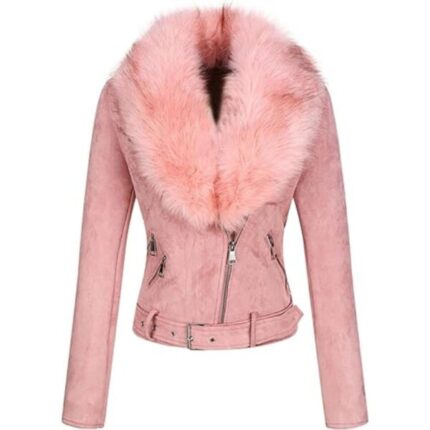 Women Moto Biker Pink Real Suede Leather Jacket
