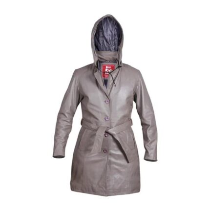 Women’s Grey Hooded Leather Overcoat With Belt