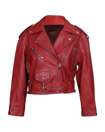 Women Short Biker Sheepskin Leather Jacket Black