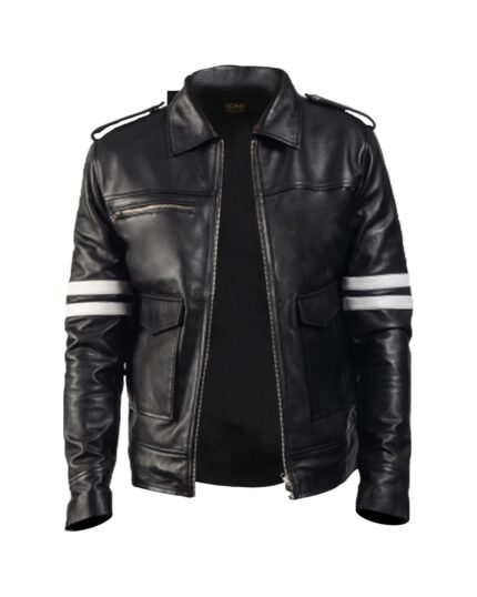 Men Stripped Biker Sheepskin Leather Jacket Black