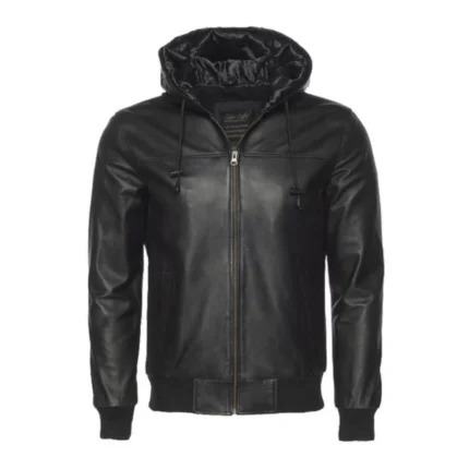 Slim Fit Leather Hooded Bomber Jacket