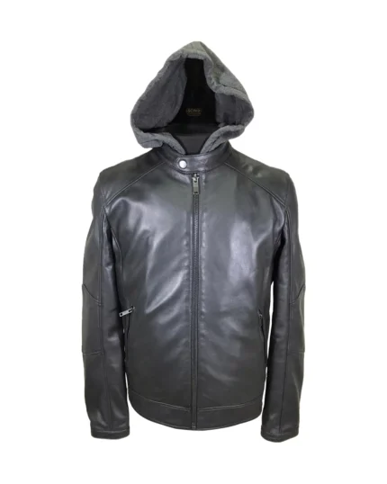 Men Detachable Hood Biker Leather Jacket