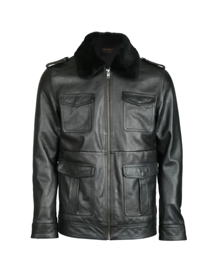 Men Patch Pocket Bomber Leather Jacket