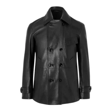 Men’s Sheepskin Leather Black Double Breasted Coat