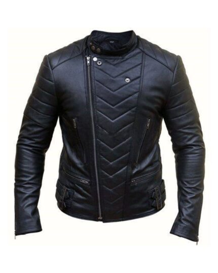 Men Black Biker Cross Zipper Sheepskin Leather Jacket