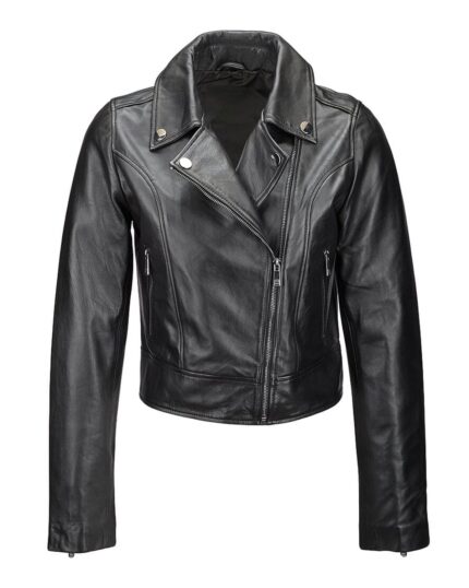 Women Slimfit Biker Sheepskin Leather Jacket Black