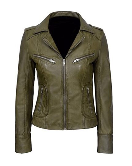 Women Classic Biker Real Leather Jacket in Olive Green