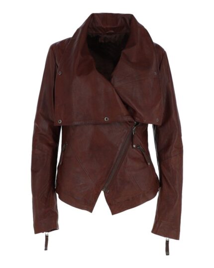 Women Classic Motorcycle Sheepskin Leather Jacket in Cognac
