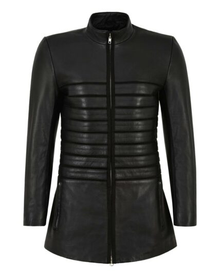 Women Long Biker Sheepskin Leather Jacket in Black