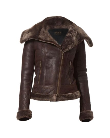 Women Classic Biker Natural Leather Jacket in Dark Brown