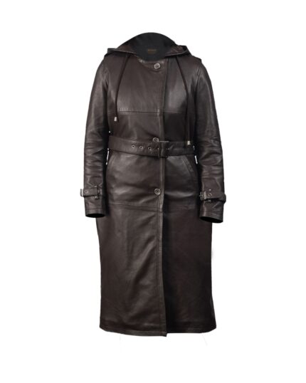 Women Long Natural Leather Trench Coat Black