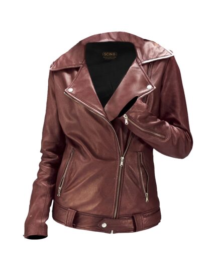 Women Classic Biker Sheepskin Leather Jacket in Maroon